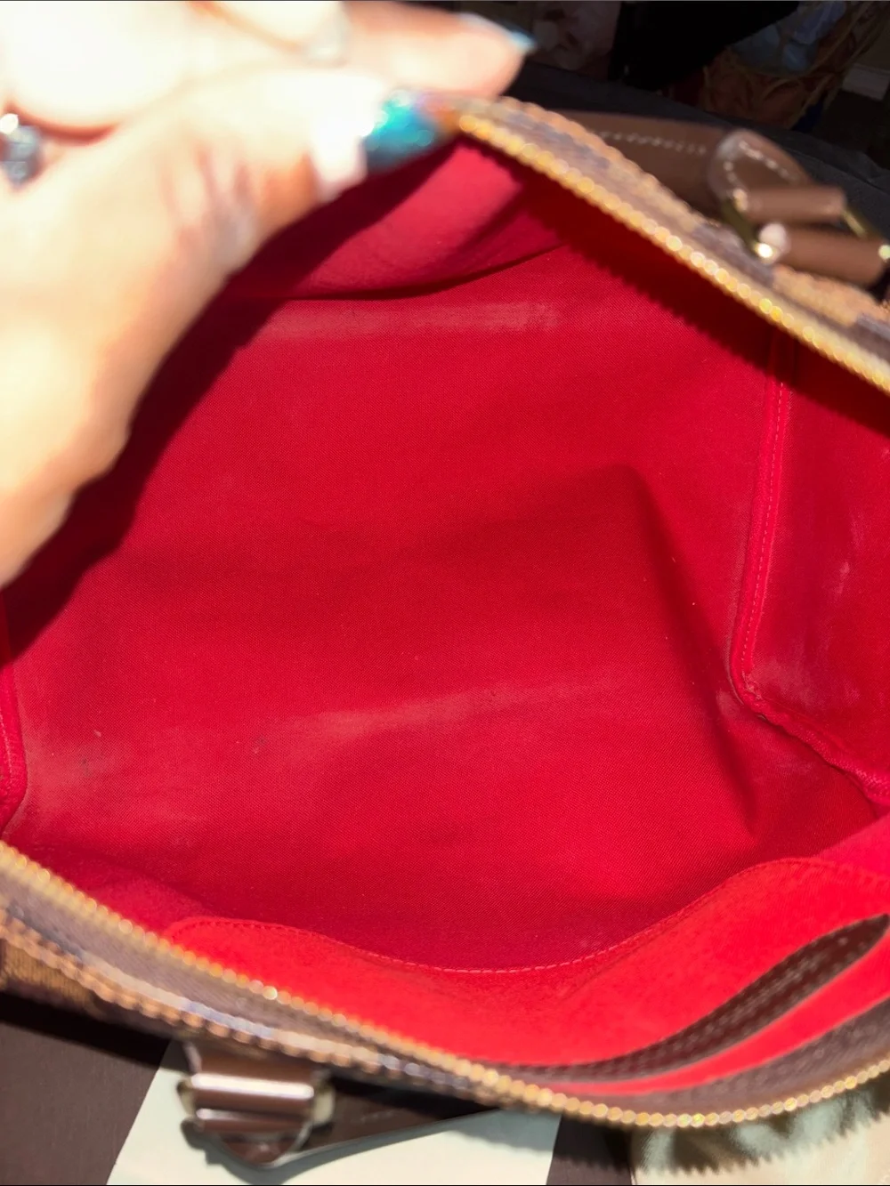 Louis Vuitton Damier Ebene Speedy 35 Satchel with Red Interior